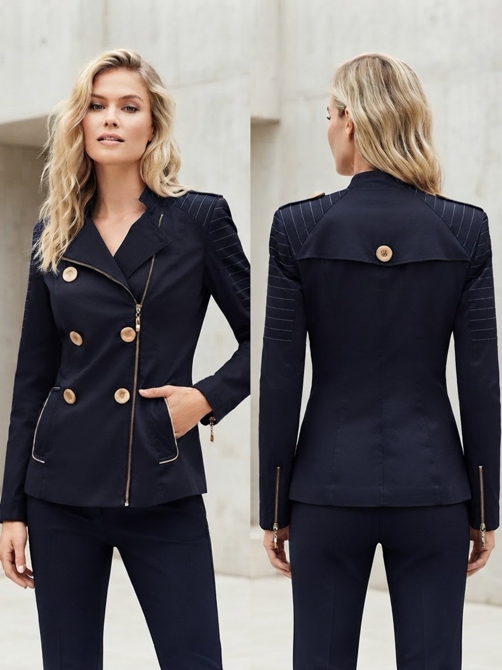 NWT WOMEN’S DOUBLE-BREASTED JACKET LINED STAND-UP COLLAR TRENCH COAT IN NAVY